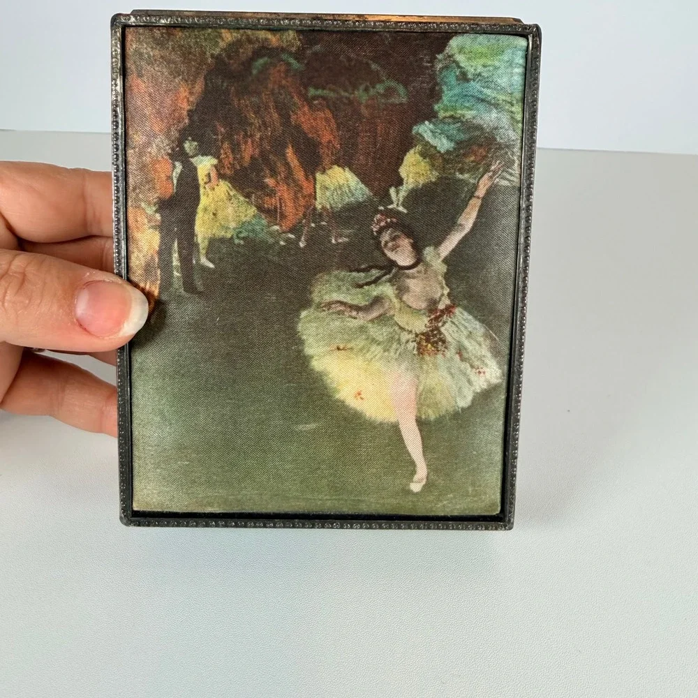 Trinket Box with Ballerina Ornate Silver Tone w/ Hinged Lid‎ jewel tone green